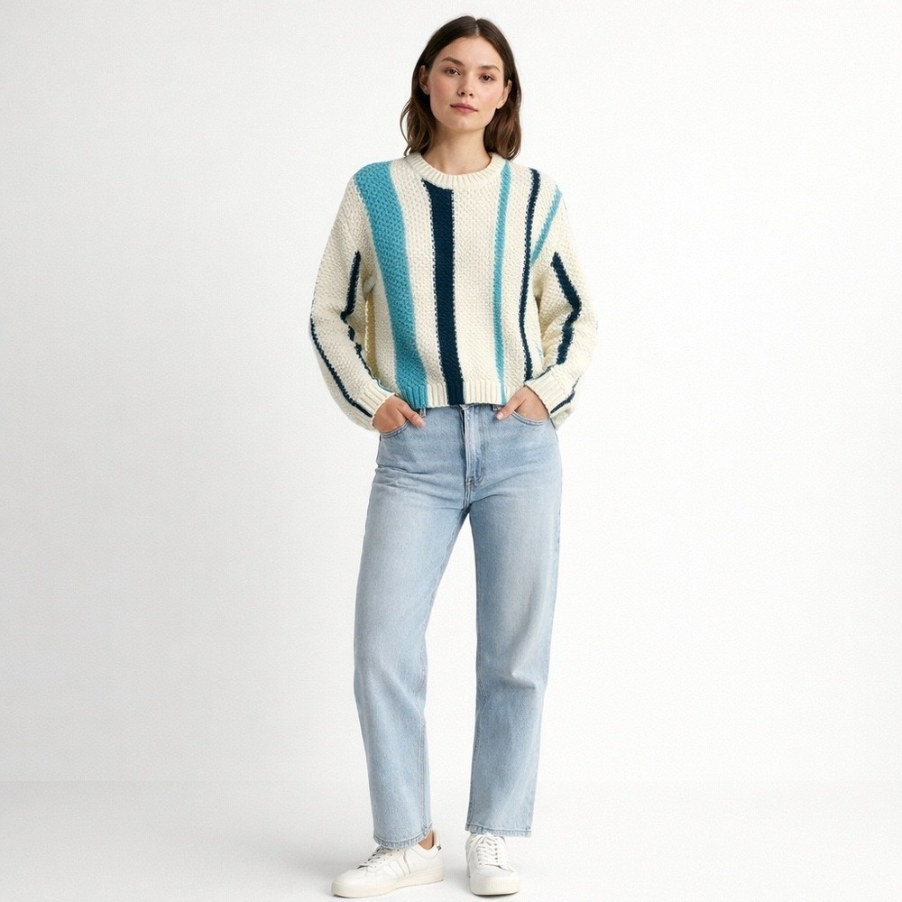 Stitches + Stripes Womens Small Striped Cotton Blend Cropped Knit Sweater